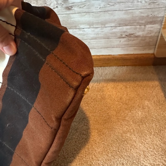 Authentic Prada Canvas Striped Tote Bag Brown Cream Large Shopper - Picture 7 of 13